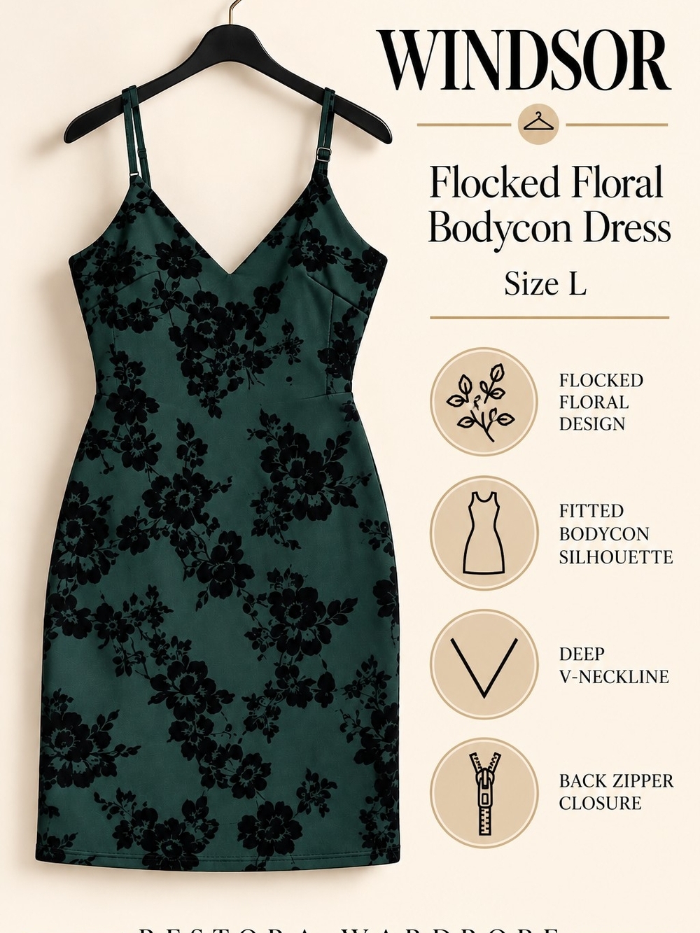 Windsor Bodycon Dress Green Black Flocked Floral Velvet Cocktail Size L